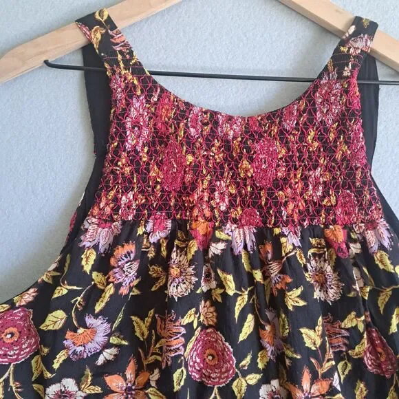 Free People Oh Baby Babydoll Dress XS Black Floral Cotton Sleeveless Summer Boho - Picture 2 of 10